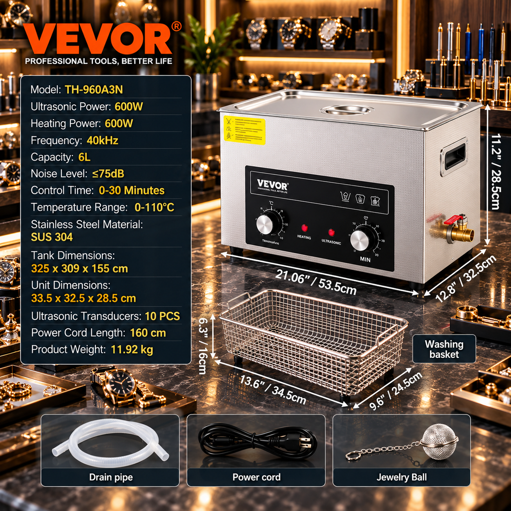 Ultrasonic Cleaner with Heater & Timer – 40kHz Stainless Steel Cleaning Tank