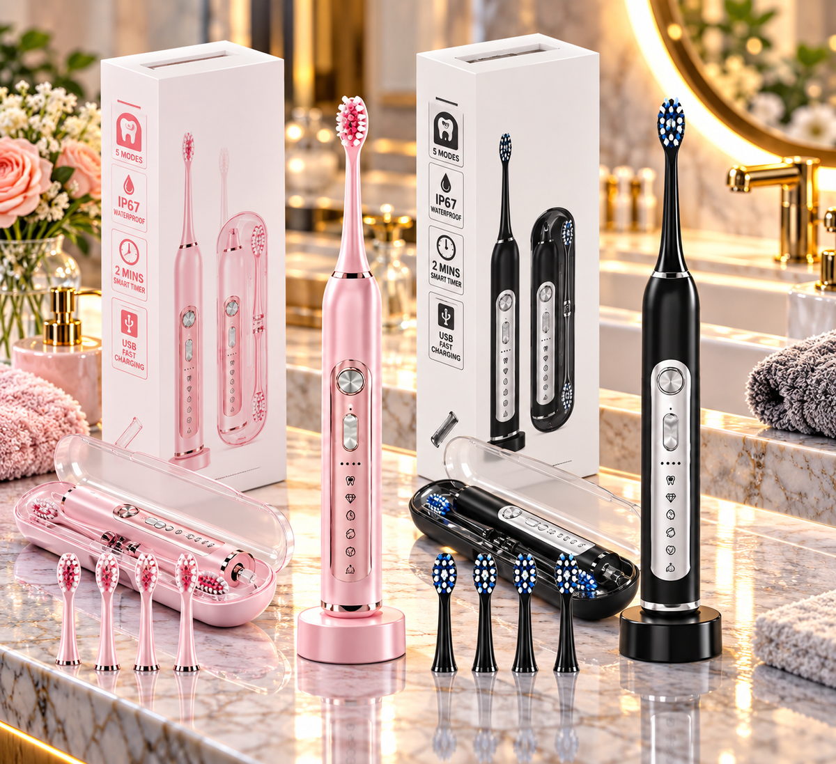 SUBORT S7 Sonic Electric Toothbrush – 5 Modes, 38,000 Vibrations/Min, IPX7 Waterproof, 6 Brush Heads