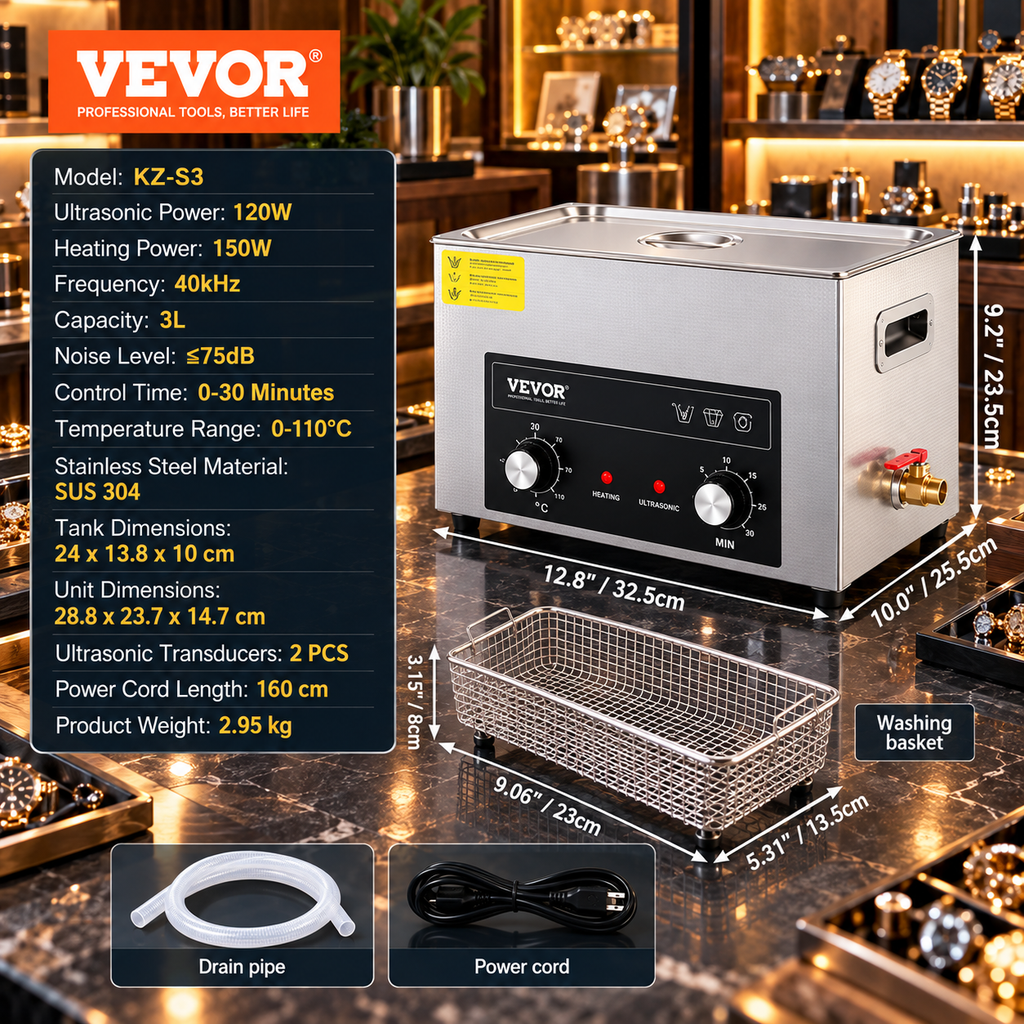 Ultrasonic Cleaner with Heater & Timer – 40kHz Stainless Steel Cleaning Tank