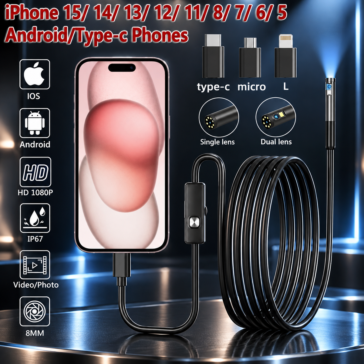 8mm 1080P Smartphone Inspection Boroscope