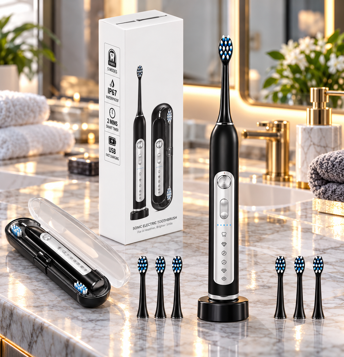SUBORT S7 Sonic Electric Toothbrush – 5 Modes, 38,000 Vibrations/Min, IPX7 Waterproof, 6 Brush Heads