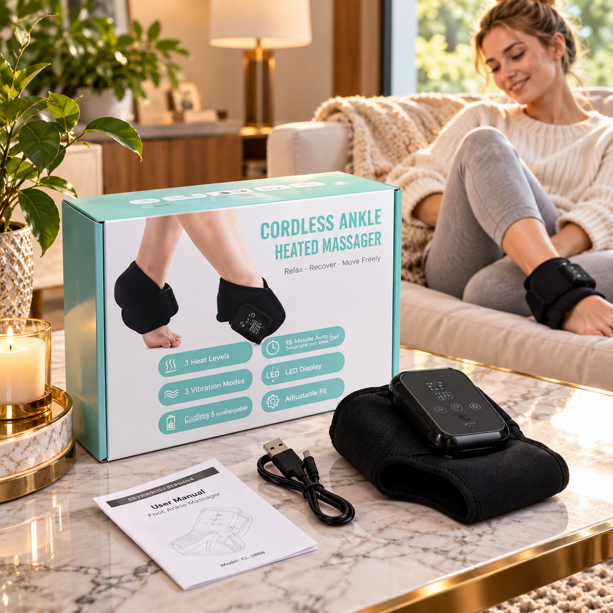 Cordless Heated Ankle Massager – 3 Heat Levels & Vibration